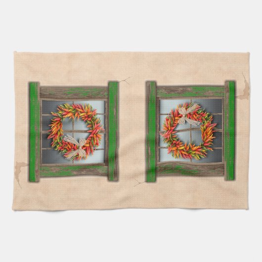 Südwest Chile Kranz auf rustikalem Grün-Holzfenste Geschirrtuch (Horizontal)