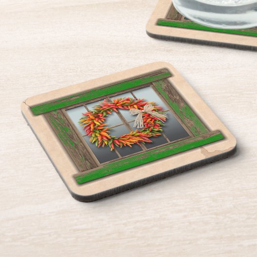 Südwest Chile Kranz auf rustikalem Grün-Holzfenste Getränkeuntersetzer (Linke Seite)