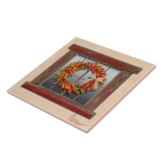 Südwest Chile Kranz auf Rustikalem Rotes Holzfenst Fliese (Seite)