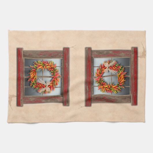 Südwest Chile Kranz auf Rustikalem Rotes Holzfenst Geschirrtuch (Horizontal)