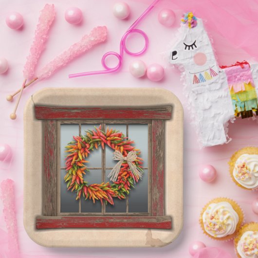 Südwest Chile Kranz auf Rustikalem Rotes Holzfenst Pappteller (Party)