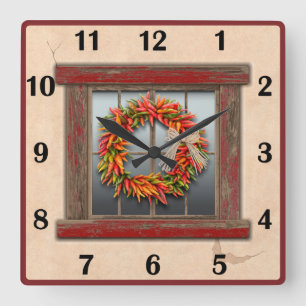 Südwest-Chile-Kranz Rot Fenster Grundlegende Zahle Quadratische Wanduhr