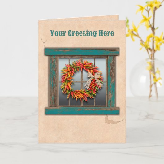 Südwest Chile Ristra Wreath Rustic Blue Window Karte (Gelbe Blume)