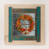 Südwest Chile Wreath Weathered Blue Wood Window Puzzle (Horizontal)