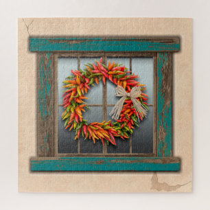 Südwest Chile Wreath Weathered Blue Wood Window Puzzle