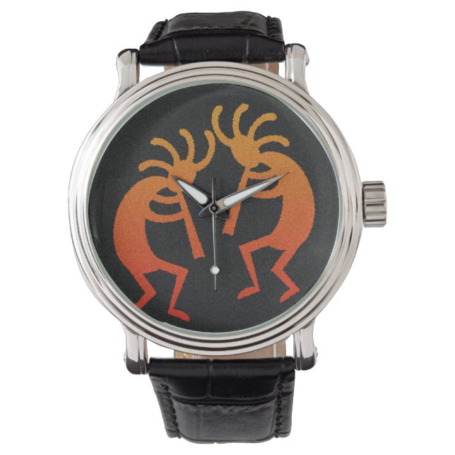 Südwest Design Dancing Kokopelli Orange Black Armbanduhr (Vorderseite)
