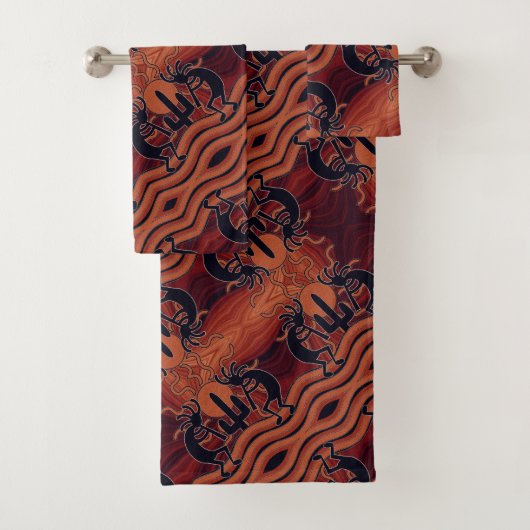 Südwest Design Kokopelli Orange & Black Pattern Badhandtuch Set (Insitu)