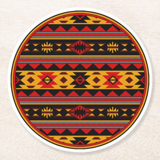 Südwest Design Red Black Gold Tribal Muster Runder Pappuntersetzer (Vorderseite)