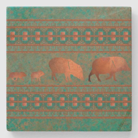 Südwest Fun Javelina Familie Kupfer Aquamarin Steinuntersetzer (Vorderseite)