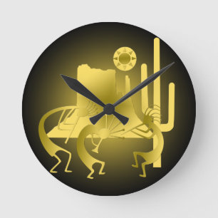 Südwest Kokopelli in Black & Gold Runde Wanduhr