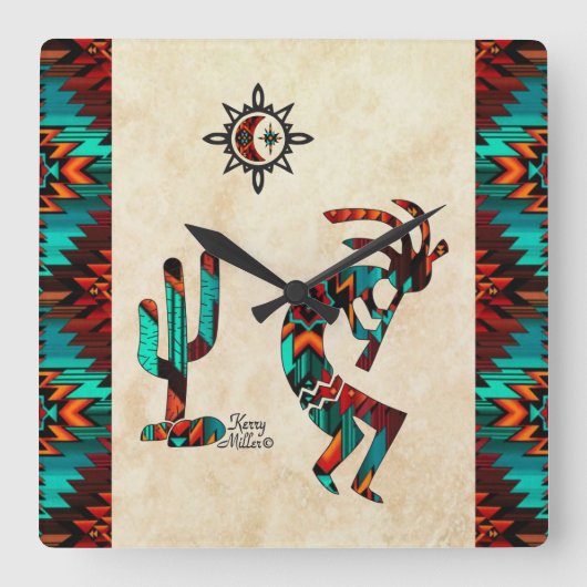 Südwest Kokopelli Square Wall Clock Quadratische Wanduhr (Vorderseite)