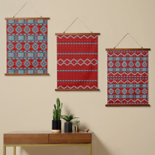Südwest Mesas Red and Turquoise Geometric Set Wandteppich Mit Holzrahmen