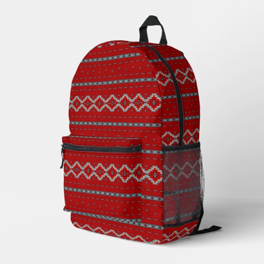 Südwest Mesas Red & Turquoise Geometric Muster Bedruckter Rucksack (Rückseitige Ecke Rechts)