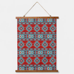 Südwest Mesas Red & Turquoise Geometric Muster Wandteppich Mit Holzrahmen