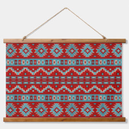Südwest Mesas Türkis & Red Geometric Muster Wandteppich Mit Holzrahmen