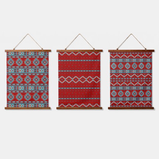 Südwest Mesas Türkis & Red Geometric Muster Wandteppich Mit Holzrahmen (Dreifach)