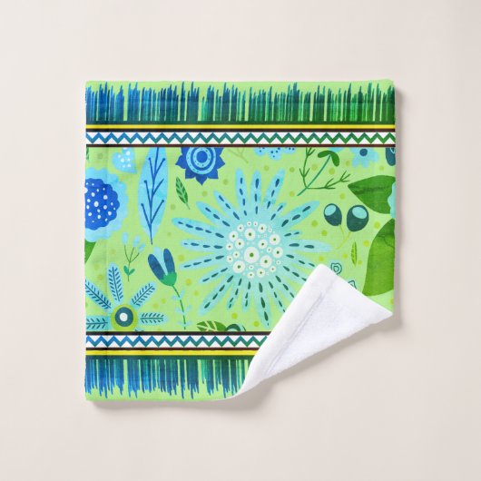 Südwest Pattern Boho Blume Blau, Grün, Gelb Badhandtuch Set (Waschlappen)