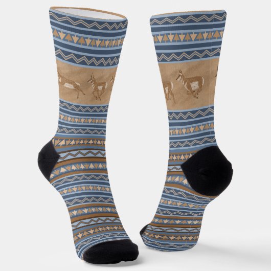 Südwest Pronghorn Antelopes Blue & Brown Border Socken (Gewinkelt)