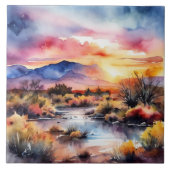 Südwest Sonnenuntergang & Gebirge Wasserfarbenart Fliese (Vorderseite)