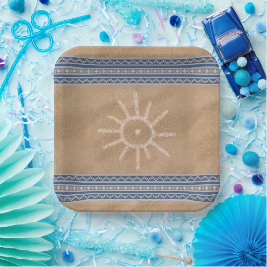 Südwest Sun Petroglyph Blue Geometric Border Pappteller (Party)
