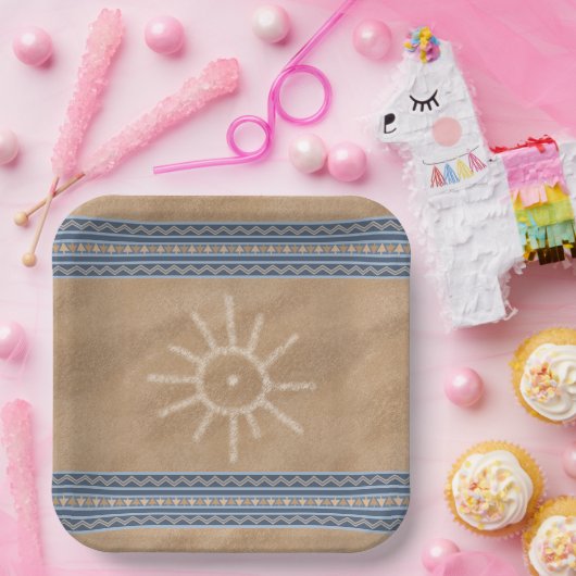 Südwest Sun Petroglyph Blue Geometric Border Pappteller (Party)