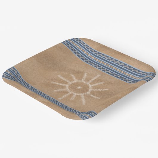 Südwest Sun Petroglyph Blue Geometric Border Pappteller (Gewinkelt)