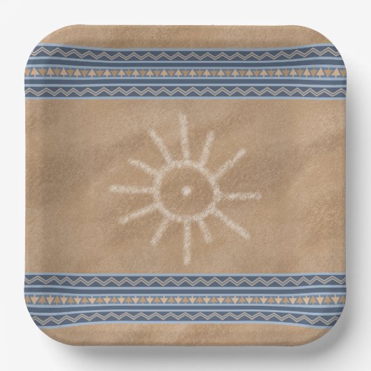 Südwest Sun Petroglyph Blue Geometric Border Pappteller (Vorderseite)