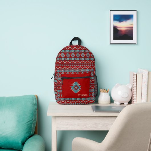 Südwest-Türkis- und Rot-Geometrie-Monogramm Bedruckter Rucksack (InSitu)