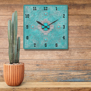 Südwest-Türkisstein-Geometrie im Western-Stil Quadratische Wanduhr