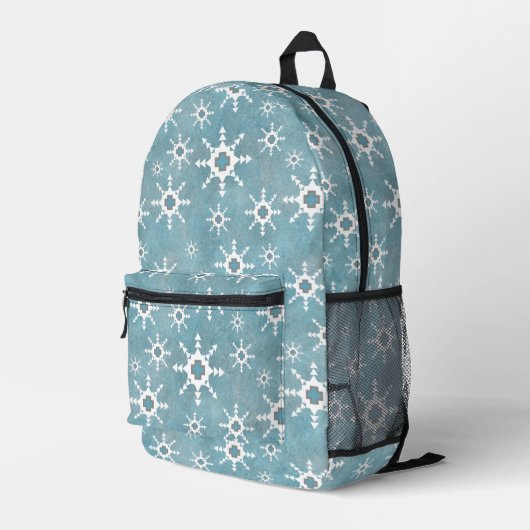Südwest Winter Blue & White Geometric Snowflake Bedruckter Rucksack (Rückseitige Ecke Rechts)
