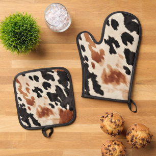Südwestbrauner Creme Black Cowhide Ofenhandschuh & Topflappen-Set
