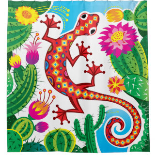 Südwestgecko mit Kaktusblüten Duschvorhang