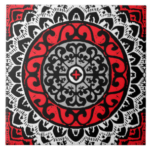 Südwestliche Sonne Mandala Batik, rot, schwarz und Fliese