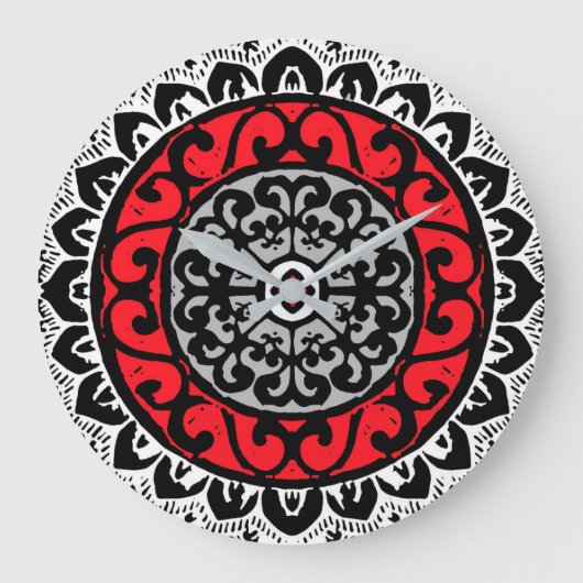 Südwestliche Sonne Mandala Batik, rot, schwarz und Große Wanduhr (Vorderseite)
