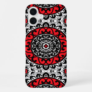Südwestliche Sonnen-Mandala-Batik, Rot, Schwarz & iPhone 16 Plus Hülle