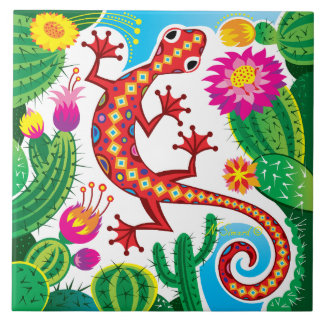 Südwestlicher Gecko mit Kaktusblüten Fliese