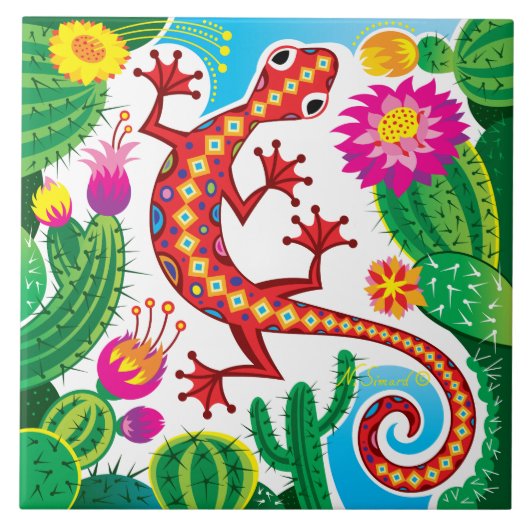 Südwestlicher Gecko mit Kaktusblüten Fliese (Vorderseite)