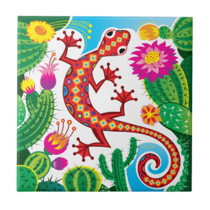 Südwestlicher Gecko mit Kaktusblüten Fliese