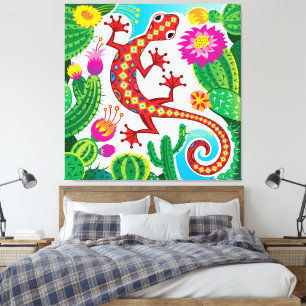 Südwestlicher Gecko mit Kaktusblüten Leinwanddruck
