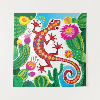 Südwestlicher Gecko mit Kaktusblüten Wandteppich