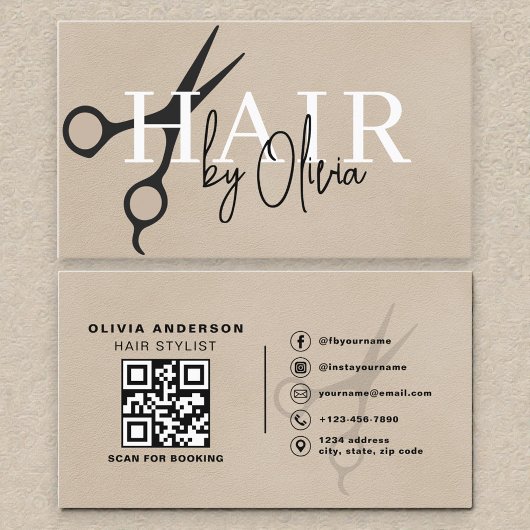 Suede Neutral Scissors QR Code Hair Stylist  Visitenkarte