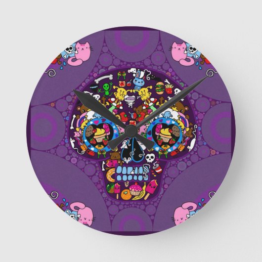 Sugar Art Skull Kawaii Doodle maßgeschneidert Runde Wanduhr (Vorderseite)