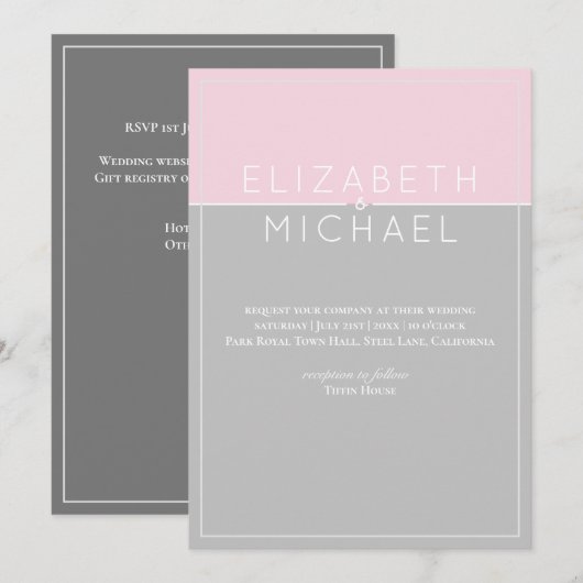 Sugar Pink Gray Moderne Hochzeitseinladung Einladung (Vorne/Hinten)