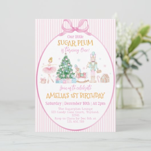 Sugar Plum Christmas Nutcracker Pink Bow Birthday Einladung (Stehend Vorderseite)