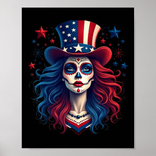 Sugar Skull 4. Juli American Flag Skeleton Wom Poster