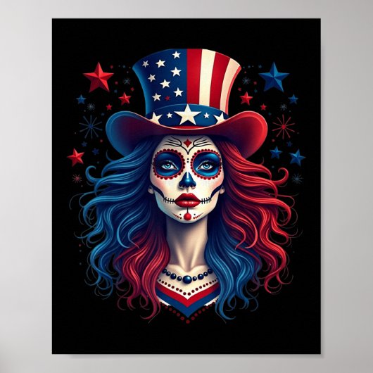 Sugar Skull 4. Juli American Flag Skeleton Wom Poster (Vorne)