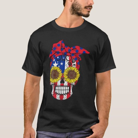 Sugar Skull American Flag Sonnenblumen Blume T-Shirt (Vorderseite)