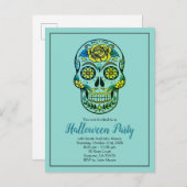 Sugar Skull Aqua Blue Halloween-Party Einladungspostkarte (Vorne/Hinten)