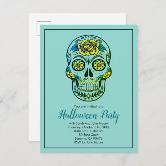 Sugar Skull Aqua Blue Halloween-Party Einladungspostkarte (Vorne/Hinten)