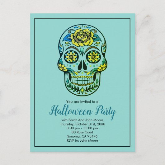 Sugar Skull Aqua Blue Halloween-Party Einladungspostkarte (Vorderseite)